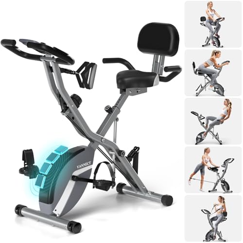 5-in-1 Heimtrainer Fahrrad Klappbar, vannect Ergometer Heimtrainer mit Widerstandsbändern & 16 Widerstandsstufen, Magnetwiderstand Einstellbar, Aerobic-Training zu Hause, LCD-Monitor, 160 kg Belastbar