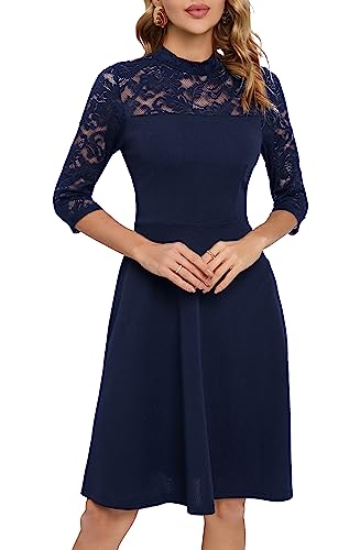 HOMEYEE Damen Elegant Spitze 3/4 Ärmel Rockabilly Kleid Retro Knielang Cocktailkleid für Hochzeit A368 (XL, Marineblau)