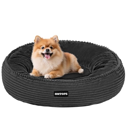 HMTOPE Hundebett Kleine Hunde, Katzenbett Waschbar, Kuscheliges Hundekissen, Rund Cord Hundekorb, Donut, Hundesofa, Abnehmbar und rutschfest, Ø 60 cm, Dunkelgrau