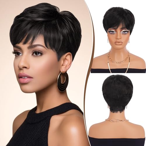 RUWISS Pixie Cut Perücke Echthaarperücken Natürliche Kurze Perücke Geschichtet Gewellt Verschiedene Stil Kurze Perücken für Schwarze Frauen (1B#)
