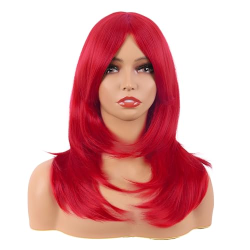 MapofBeauty 20 Zoll/50 cm Länge Layered Mit Pony Gerade Synthetische Faser Shoulder Lange Haarfasern für Täglich Perücke (Hell Rot)
