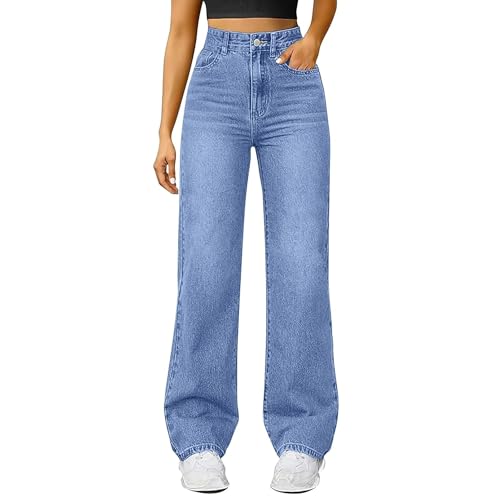 Baggy Jeans Damen,Straight Leg Jeans Weites Bein Jeanshosen High Waist Leichter Oversize Denimhose mit Knopfleiste Taschen Loose Warm Freizeithose Elegant Jeanshosen mit Taschen ﻿