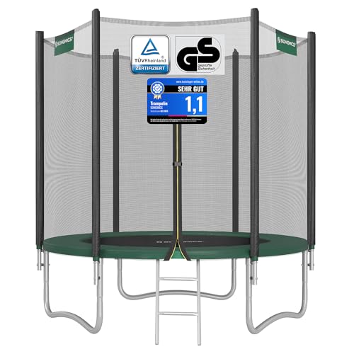 SONGMICS Trampolin für Kinder, Durchmesser 183 cm, Außenschutznetz, Sicherheitskissen, Leiter, 180 cm hoch, Stahlrahmen, schwarz und grün STR061C01