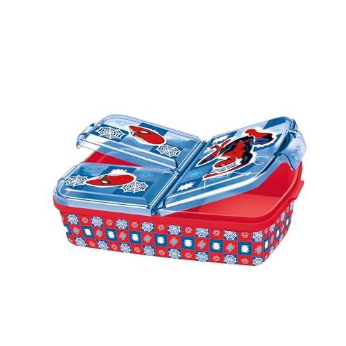 p:os Spiderman Brotdose Kinder mit 3 Fächern – Lunchbox | Drei Fächer, Clip-Verschlüsse, ca. 18 x 13,5 x 5,5 cm in Rot-blau – Vesperdose für Kita und Schule, ab 3 Jahren