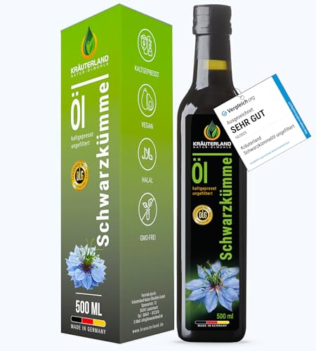 Kräuterland Schwarzkümmelöl 500ml, kaltgepresst & ungefiltert, hoher Thymochinon‑Anteil, ägyptische Samen, mühlenfrisch, 100 % Nigella sativa, naturrein ohne Zusatzstoffe, lichtgeschützten Glas