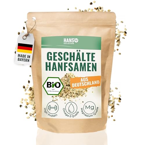 HANS Brainfood Bio Hanfsamen geschält - High Protein - Natürliche Omega 3 und Magnesium Quelle ohne Zusatzstoffe | Superfood vegan aus Bayern | Hanfprotein mit Eisen und Vitamin E | 800g