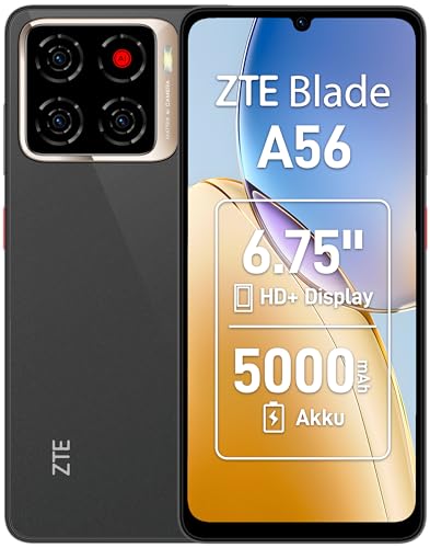 ZTE Blade A56 Android Smartphone ohne Vertrag, Schwarz (2025)+6,75 Zoll HD+Display (90 Hz), 4G LTE, 4GB RAM, 64GB Speicher, 13MP KI-Hauptkamera+8MP Frontkamera, Dual SIM