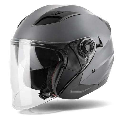 VINZ Calobra Jethelm mit Sonnenblende und Visier | Roller Helm Motorradhelm | ECE 22.06 Zertifiziert | in Gr. XS-XXL - Matt Titanium