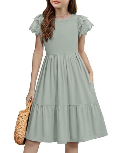 Arshiner Mädchen Sommerkleid Grün Casual Kleider Rundhals Spitze Kurzarm Festliches Kleid Kinder A-Linie Partykleider Niedlich Geburtstag Abendkleider Mode Midikleid mit Tasche 130/8-9 Jahre