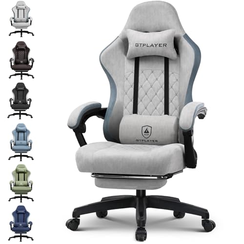 GTPLAYER Gaming Stuhl Ergonomischer Gaming Sessel Schreibtischstuhl mit Stoffoberfläche, Federsitzkissen, Verbindungsarmlehnen und Fußstütze Grau