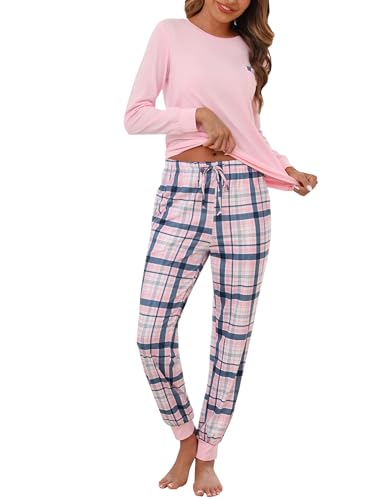 Bresdk Schlafanzug Damen Pyjama Lang Baumwolle Hausanzug Kuschelig Lounge Set Rosa M