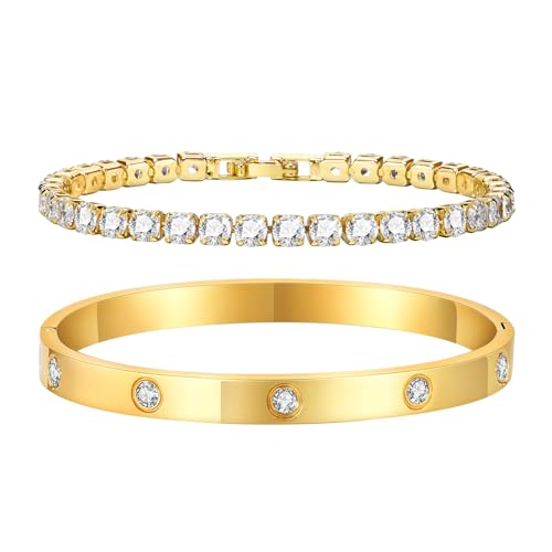 2 Stück Armreif Gold 17/18/19cm, Armband Damen Set für Frauen Mädchen, 18K Vergoldet Armbänder aus Edelstahl mit Kristallen, Tennisarmband Gold mit Zirkonia aus Kupfer für Mutter Ehefrau Freundin