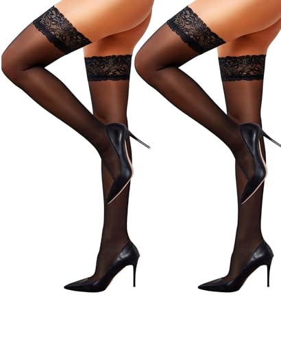 RSLOVE Halterlose Strümpfe Damen Sexy - Spitze Strapsstrümpfe Nylonstrümpfe mit Rutschfestem Silicone Schwarz, Einheitsgröße, 2er-Pack