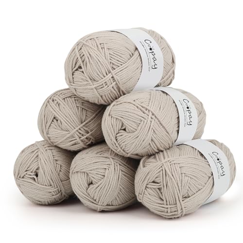 Coopay Wolle zum Häkeln, 100% Baumwolle zum Stricken, 6 x 50g Weiches Häkelgarn Baumwolle zum Häkeln, Babywolle Baumwollgarn für Pullover, Socken, Babydecke - Beige