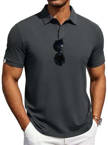 HMIYA Herren Poloshirts Mit Kurzen Ärmeln Atmungsaktive T-Shirt Für Herren Sommer Polo Basic Golf-Poloshirt Mit Druckknöpfen,Tiefes Grau,2XL