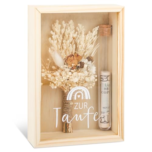Taufe Geschenk – Geldgeschenk zur Taufe – Geschenkbox mit Trockenblumen & Reagenzglas – Kreative Geldgeschenke für Mädchen & Jungen – Erinnerungsstück aus Holz