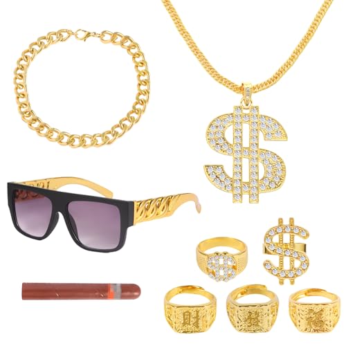 cutlot 9 Stück Zuhälter Kostüm, Hip Hop Rapper Set - Goldkette mit Dollar, Dollar Ringe, Sonnenbrille, Armband, Spielzeugfinger | 80er 90er Jahre Gangster Gang Outfit Herren für Karneval, Mottoparty