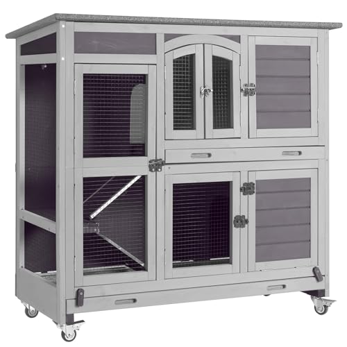 Aivituvin Hasenstall Kaninchenstall – Zweistöckiges Gehege für Kaninchen und Meerschweinchen, Innen Außeneinsatz (Grau Hasenstall-AIR06)