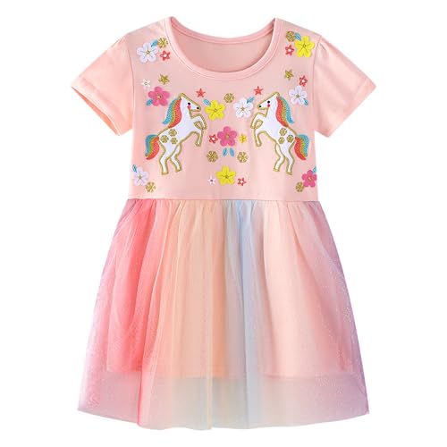 Baogaier Kleid Mädchen Tüll Kleider Baumwolle Kurzer Ärmel Regenbogen Sommerkleid Rosa Blume Pferd Stickerei Motiv Sommer Frühling T-Shirt Tüllkleid Party Festliches Kinderkleid Gr. 98-104