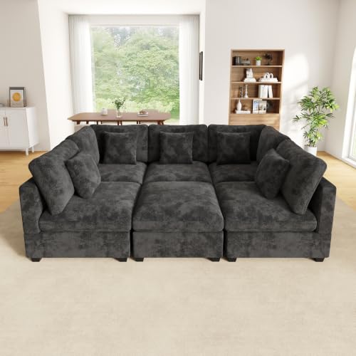 BEJUDYTT XXL L‑förmiges Ecksofa, 6‑Sitzer Modulsofa mit Schlaffunktion, beweglichem Fußhocker mit Stauraum und Armlehnen‑Seitentaschen; inkl. 5 Dekokissen; Chenille‑ und Waffelstruktur‑Stoff (Grau)