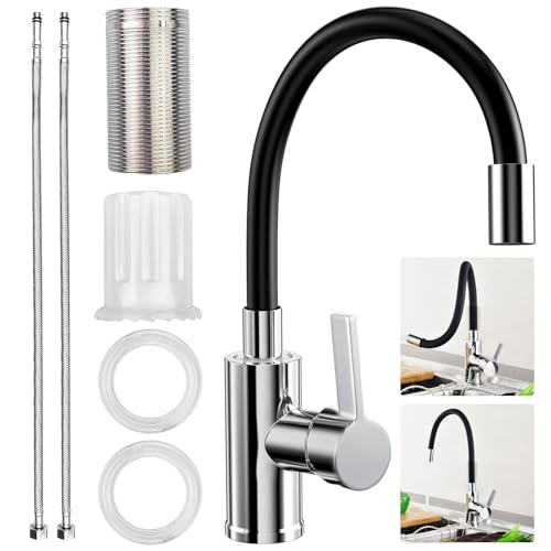 YAMAIDUO Wasserhahn Küche Flexibler, Schwarz Küchenarmatur mit Flexibler Auslauf, Hochdruck Mischbatterie Küche 360° Drehbar, Einhebel Edelstahl Spültischarmatur mit Wasserspar Aerator, Kitchen Tap