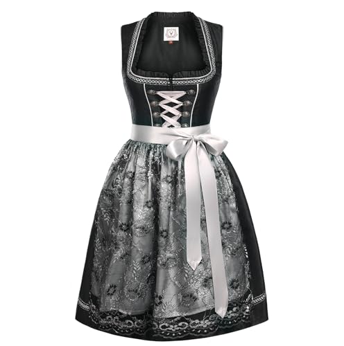 Funspread Dirndl Damen Midi Schwarz - Dirndlkleid mit Spitzenschürze Trachtenmode Kleid für Oktoberfest 38