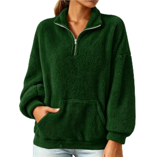 Ghkeu Damen Fleece Pullover Halbzip Teddy Sweatshirt Langarm mit Tasche