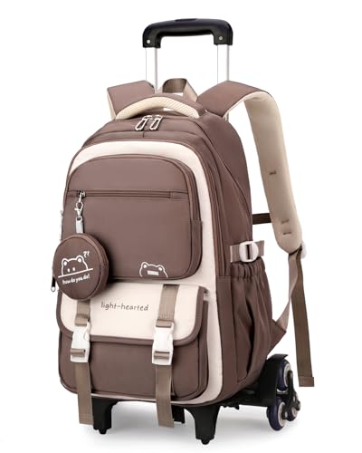 Tanou Schulrucksack Trolley für Mädchen, 30L Rucksack Teenager mit Rollen, Abnehmbar Trolley Schultasche Mädchen für Grundschule Sekundarstufe Lässiger Ranzen mit 6 Räder, Braun