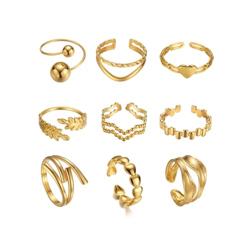 TIZU 9 Stück Damen Gold Ringe Set Edelstahl 18K Echte Goldplattierung Verstellbare Wasserfest Rings für Frauen Mädchen