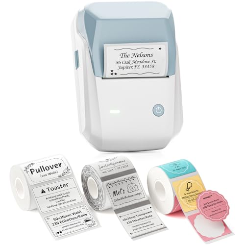 NIIMBOT B1 Etikettendrucker mit 3 Rollen Wasserfester Etiketten Selbstklebend, Tragbarer Beschriftungsgerät Bluetooth Label Printer Aufkleber Drucker für Schulbedarf, Barcode, Adresse, Blau