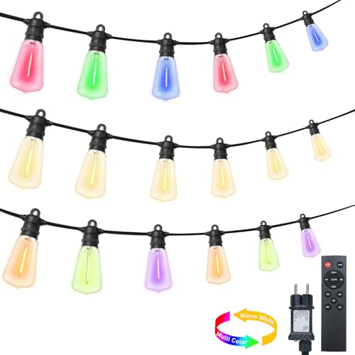 LED Lichterkette Außen Strom, 15M Warmweiß und Bunt Lichterkette, 24 ST38 Glühbirnen Lichterkette Outdoor, 8 Modi|4 Dimmbar|Timer|IP68, Aussen Lichterketten für Balkon, Garten, Terrasse, Party Deko