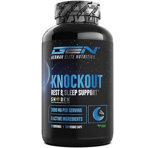 Knockout - Sleep & Recover Support - 120 Kapslen mit Shoden® Ashwagandha Extrakt, Magnesium, L-Tryptophan, natürliches L-Theanin aus Grüntee, Baldrian - Vegan