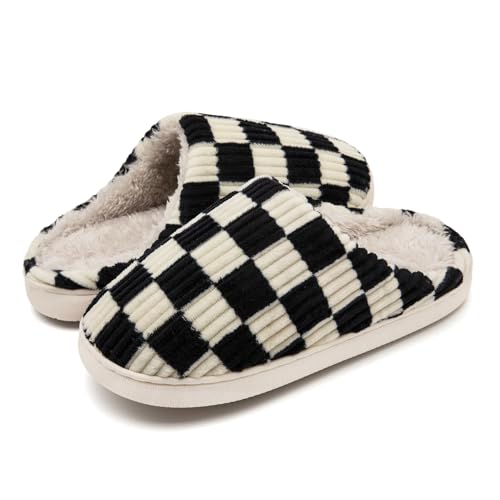 Guyarns Hausschuhe Damen Herren,Flauschige Damen Plüsch Pantoffeln aus Memory-Schaum mit Karomuster Rutschfeste Sohle Schlafzimmer-Hausschuhe in Wolkenform drinnen draußen(Schwarz,38/39 EU)