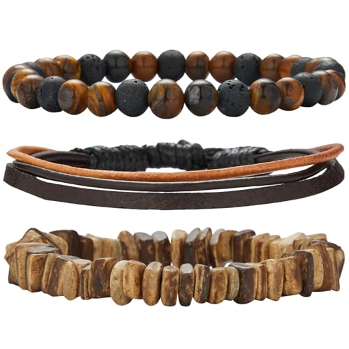 Dazylleco Armband Herren Perlenarmband Naturstein Mehrlagiges Armband Geflochten Verstellbare Schmuck Set Herren Geschenk Vatertag(82-Brown)