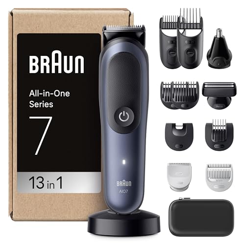 Braun All-in-One Trimmer-Set 7, 13-in-1 Multigroom, Barttrimmer, Nasenhaartrimmer, Haarschneidemaschine für Gesicht, Kopf und Körper, 120 Min Akku, 14 Längen (0.1–21 mm), Wasserdicht, AIO7565, Blau