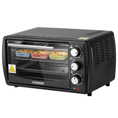 Steinborg Mini Backofen 13 Liter | Pizzaofen | 60°-250°C | Timer | aufklappbares Krümelblech | Minibackofen | Backofen | Kleiner Backofen | 900 Watt