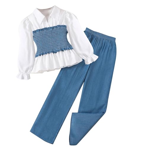OUMSHBI Mädchen Zweiteiler Outfit Set Denimhemd Patchwork Langarm-Top Und Weitem Bein Hose Schnüren Bekleidungsset Mode Lässiger Sportanzug SüßE Klamotten Kinderkleidung für 5-12 Jahre