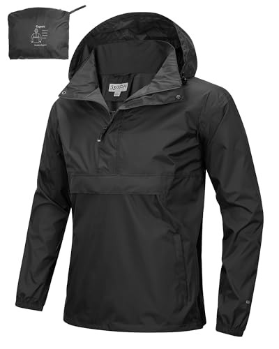 33,000ft Herren Regenjacke Leichter Wasserdichter Packbarer Pullover mit Kapuze und Reflektor für Fahrrad Wandern Outdoor, Schwarz 2XL
