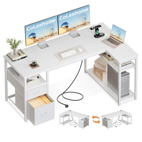 Coleshome Gaming Eckschreibtisch mit 2 Schubladen, 140×80 cm, Weiß