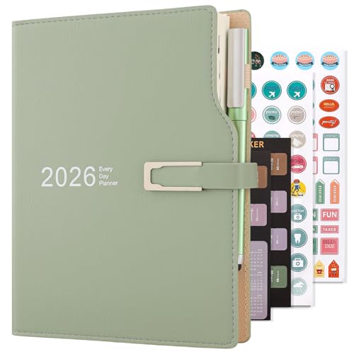 Schuljahr 2026, A5, ein Tag pro Seite, Kalender-Organizer, Stift- und Stifthalter-Planer, hochwertiges dickes Papier, 14 x 21,5 cm (grün)