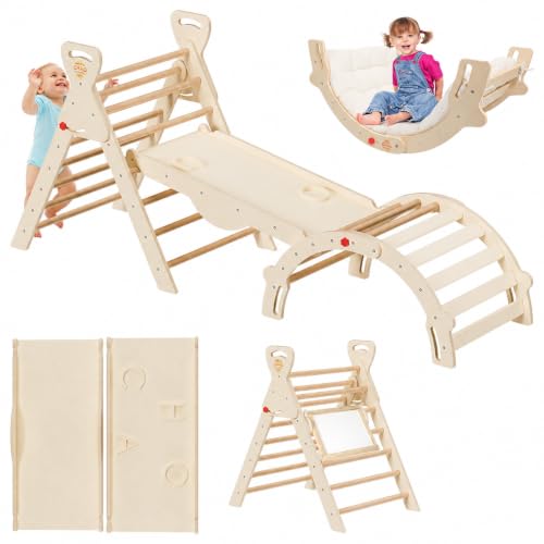 CHAO KWORLDS Pikler Dreieck 8-in-1 klappbar, Montessori Klettergerüst Indoor aus Holz mit Rutsche, Kletterbogen und Rampe für Kinder 2–6 Jahre stabil und platzsparend Holzfarben
