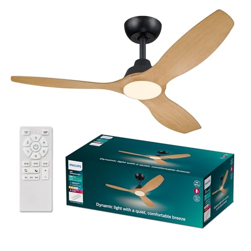 Philips Olas Deckenventilator, 3 Flügel, 132cm ⌀, Gleichstrommotor, Farbtemperaturbereich (3000K-4300K-6500K), dimmbar, inkl. Fernbedienung, schwarz-Holz