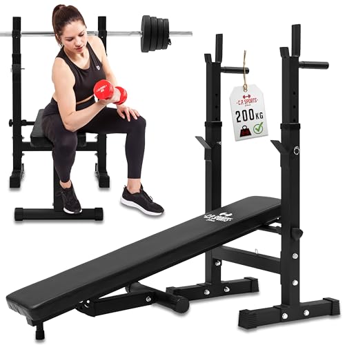 C.P.Sports Hantelbank klappbar bis 200kg mit verstellbarer Langhantel Ablage + Dip-Station | Multifunktion – Schrägbank/Flachbank | Stahl Trainingsbank für Kraftsport, Fitness, Gym Training zuhause