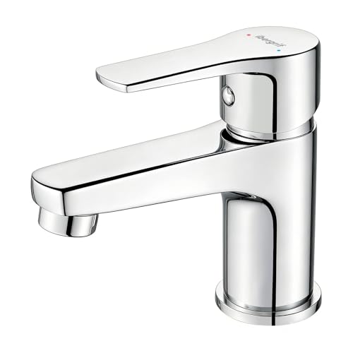 Ibergrif Wasserhahn Bad Chrom - Kompakte Mischbatterie für Kalt- und Warmwasser, Einhand-Waschtischarmatur Gäste-WC mit Keramikkartusche, Wassersparend, inkl. G 3/8 Schläuche, M11057