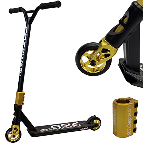 Cox Swain Stunt Scooter X-385, SCS-Kompression, CNC Fork, 100mm PU/Alu Rollen, ABEC 9, Kinder + Erwachsene, Anfänger + Profis, super stabil - schwarz/Gold