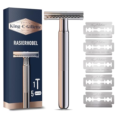 King C. Gillette Rasierhobel für Männer mit Sicherer Doppel-Schneidekante, Metallgriff Und Anti-Reibungsbeschichtung für Präzision — Herren Nassrasierer mit 5 Original Klingen — Edelstahl