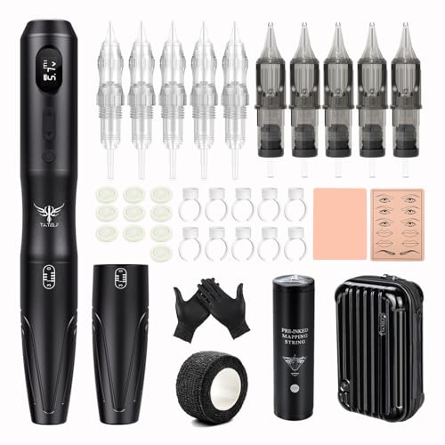 TATELF Kabellos Permanent Make up Maschine mit 2 Stück Handgriff 10 Stück Patronennadeln Microblading Zubehör für Lip Eyeliner Ombre Powder Brows Microshading Zubehör
