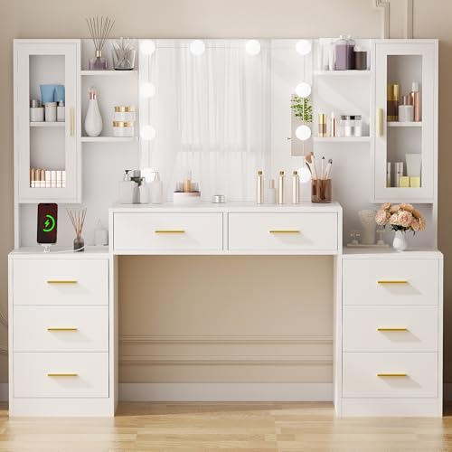 ANWBROAD Große Schminktisch mit verstellbaren 3 Farben LED-Beleuchtung und Steckdosen Modern Weiß Schminktisch mit Spiegel 8 Schubladen Frisiertisch 150x135x40cm BDT67W
