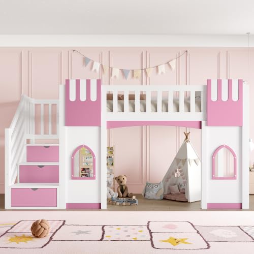 Merax 90x200 Hochbett mit Stauraumtreppe und Fenster, Weiß+Rosa – Kinderbett aus Kiefernholz mit verspieltem Design, Sicherheit und Stauraum – Hausbett für Kinderzimmer