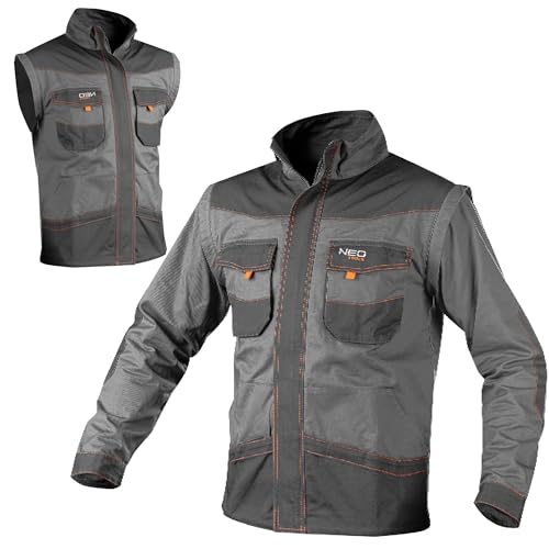 NEO TOOLS 2 in 1 Männer Arbeitssweatshirt Arbeitskleidung, Arbeitsbekleidung, Berufskleidung, Weste, 100% Baumwolle, Gewicht 260 g/m2, abnehmbare Ärmel, grau (M)